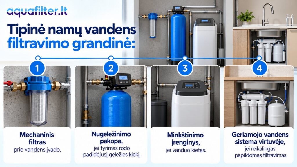 Tipinė namų vandens filtravimo grandinė: mechaninis filtras, nugeležinimas, minkštinimas ir geriamojo vandens sistema