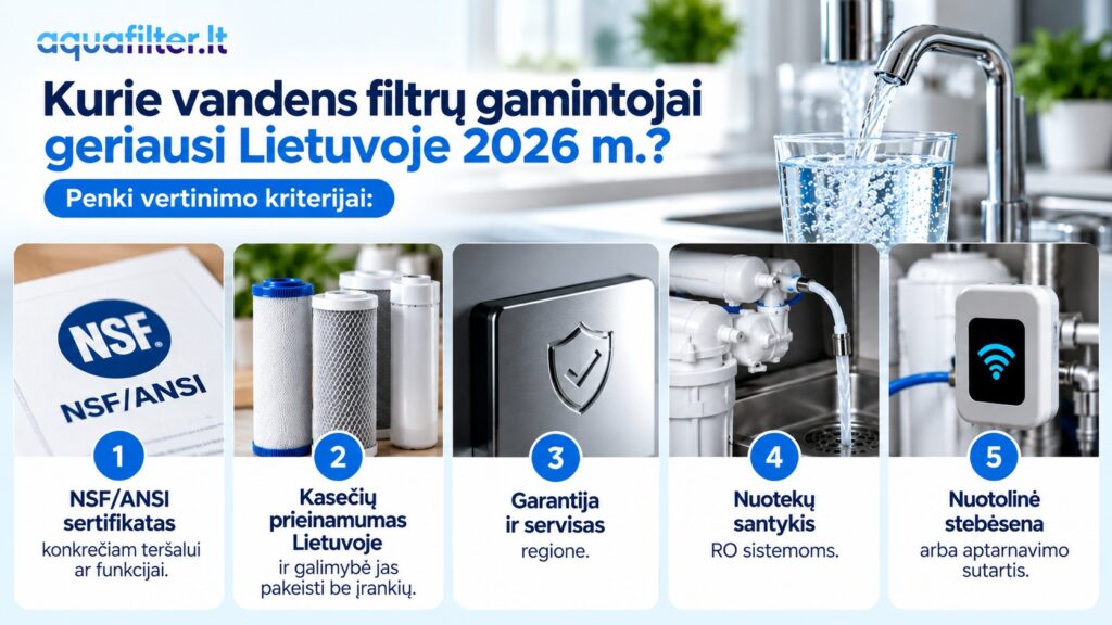 Penki vandens filtrų gamintojų vertinimo kriterijai: NSF/ANSI sertifikatas, kasečių prieinamumas, garantija, nuotekų santykis ir nuotolinė stebėsena
